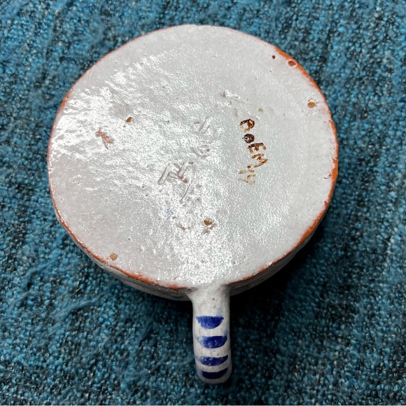 Vintage 70s Hand Painted Studio Pottery Candle Holder Finger Loop Floral Signed - Picture 10 of 13